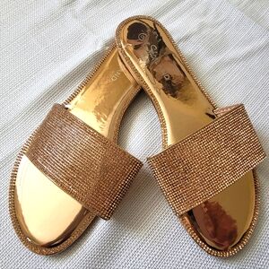 Womens Flat Sandals Fashion Rhinestone Slides Gold Dressy Flat Sand